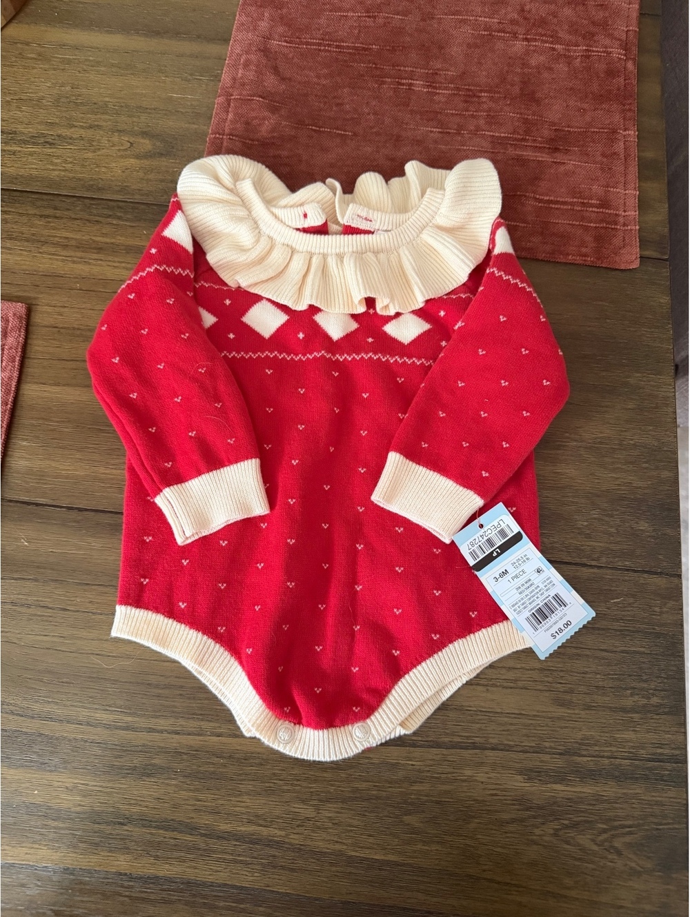 Cat & Jack Christmas Red Knit Long Sleeve Bodysuit with Ruffle Collar